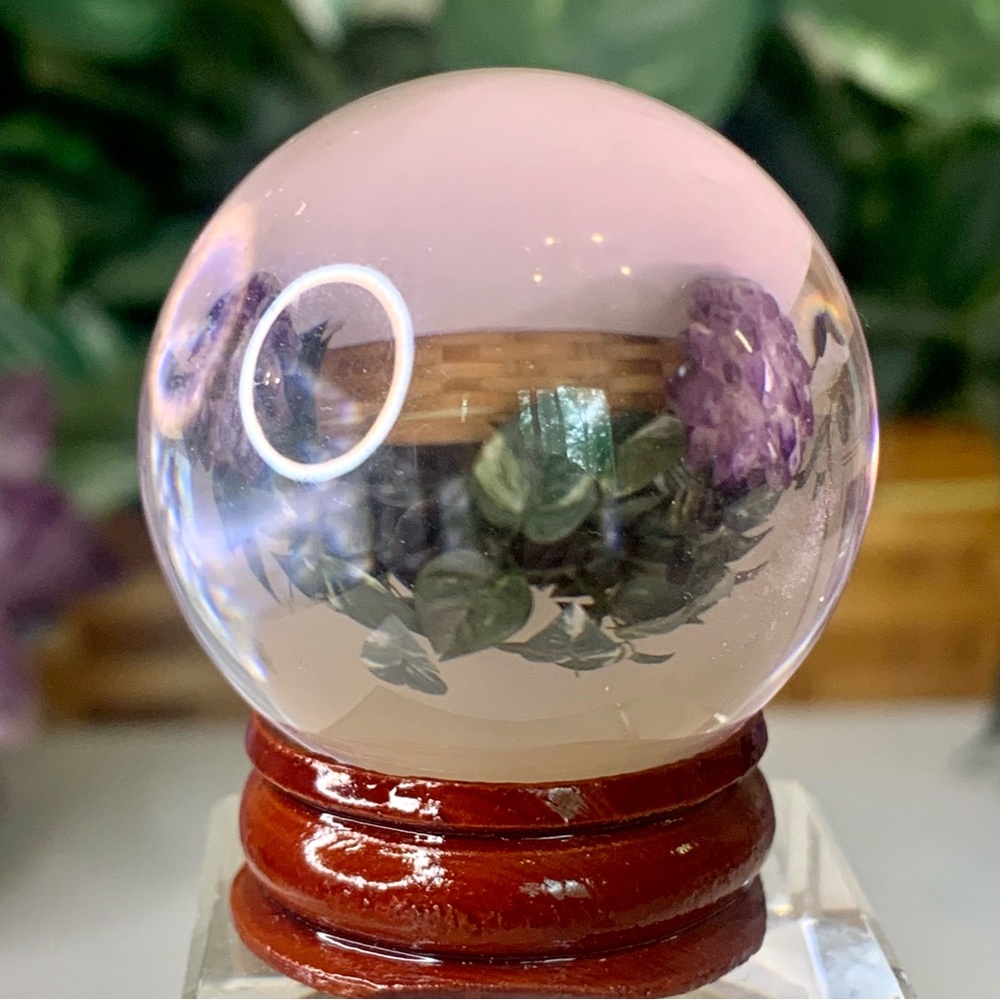 Pink Glass Sphere Polished Round Crystal Ball Colored Orb With Wood Stand 1 1/2"